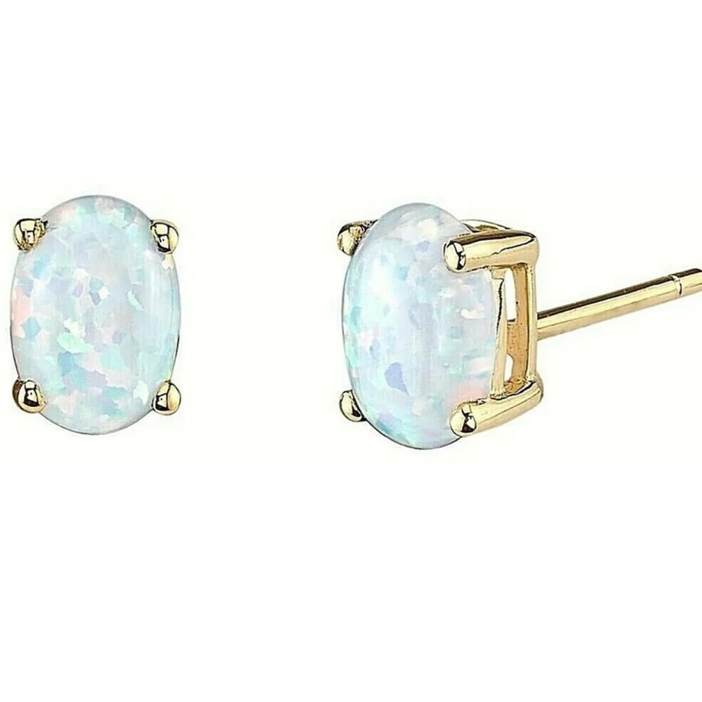 Natural 2.00 Carat Opal Oval Shape Stud Earrings 14K Yellow Gold Value $395